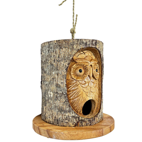 Owl Spirit Bird house Rustic Hand Carved Wood Carving Log Bird House Bali Yard Garden Art