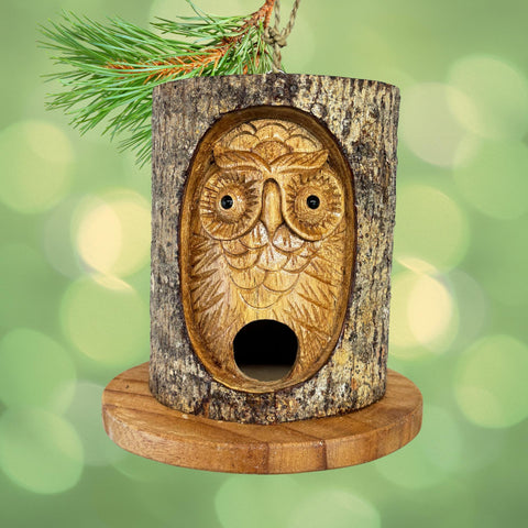 Owl Spirit Bird house Rustic Hand Carved Wood Carving Log Bird House Bali Yard Garden Art