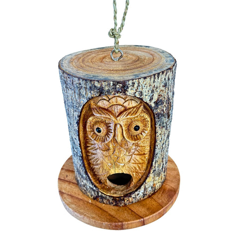 Owl Spirit Bird house Rustic Hand Carved Wood Carving Log Bird House Bali Yard Garden Art