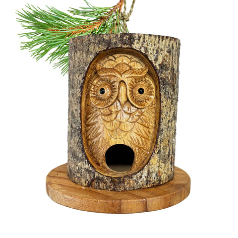 Owl Spirit Bird house Rustic Hand Carved Wood Carving Log Bird House Bali Yard Garden Art