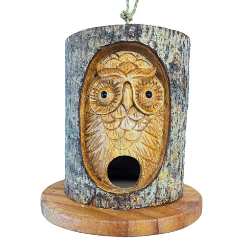 Owl Spirit Bird house Rustic Hand Carved Wood Carving Log Bird House Bali Yard Garden Art