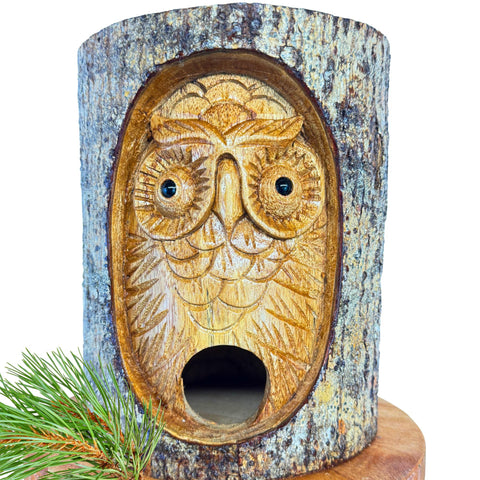 Owl Spirit Bird house Rustic Hand Carved Wood Carving Log Bird House Bali Yard Garden Art