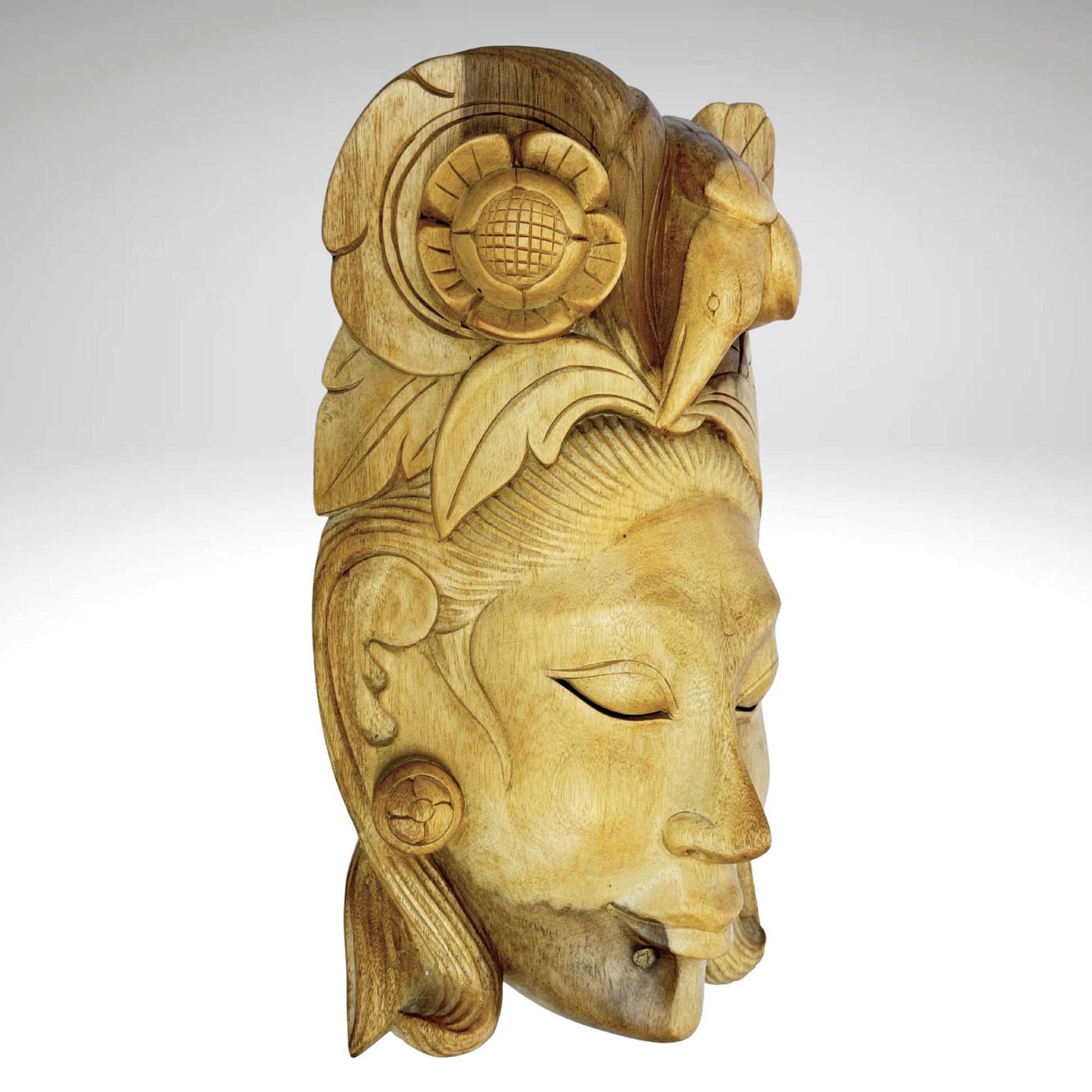 Balinese Mask Dewi Sri Bawang Forest Goddess Hand Carved Wood Carving Bali folk art wall decor - Acadia World Traders
