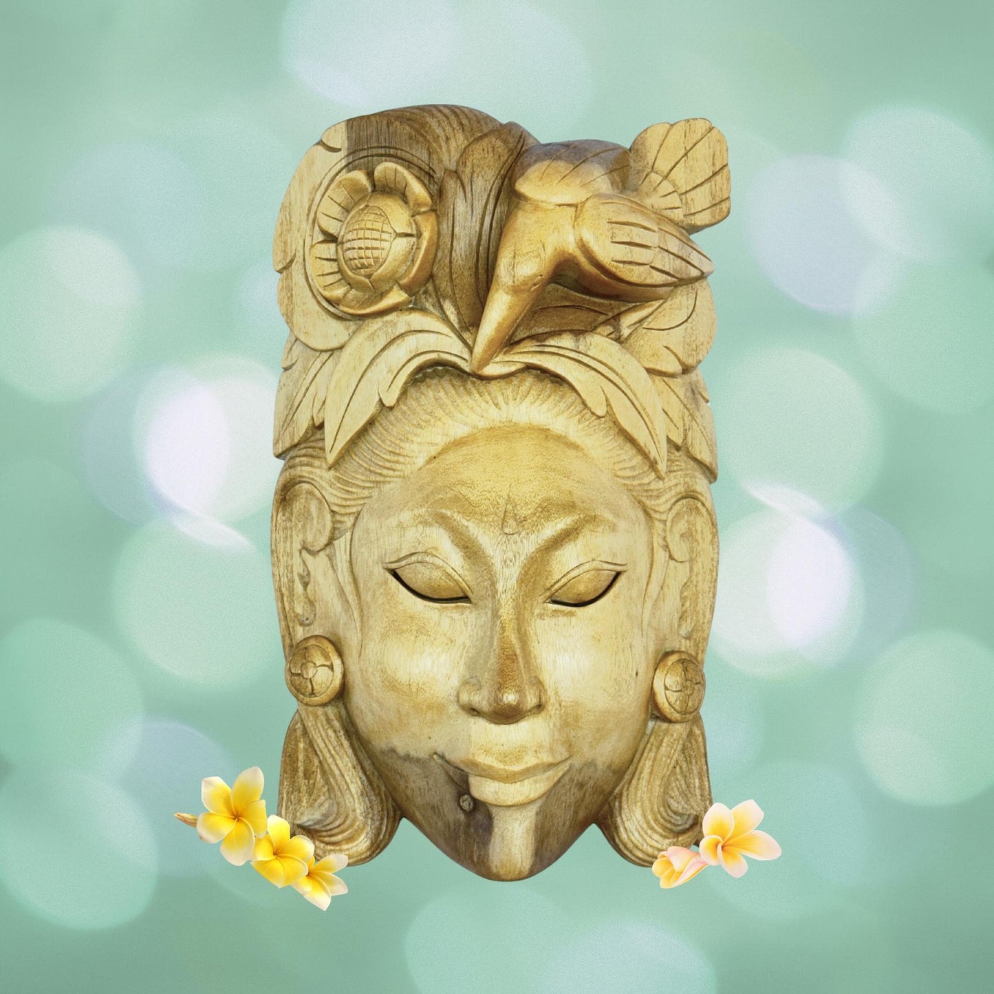 Balinese Mask Dewi Sri Bawang Forest Goddess Hand Carved Wood Carving Bali folk art wall decor - Acadia World Traders