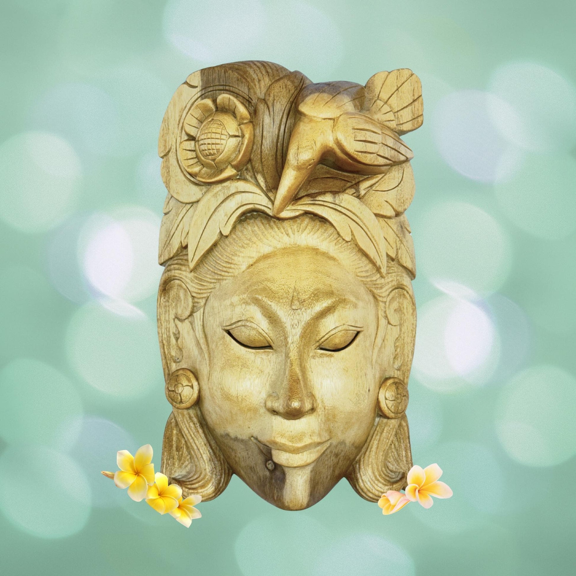 Balinese Mask Dewi Sri Bawang Forest Goddess Hand Carved Wood Carving Bali folk art wall decor - Acadia World Traders
