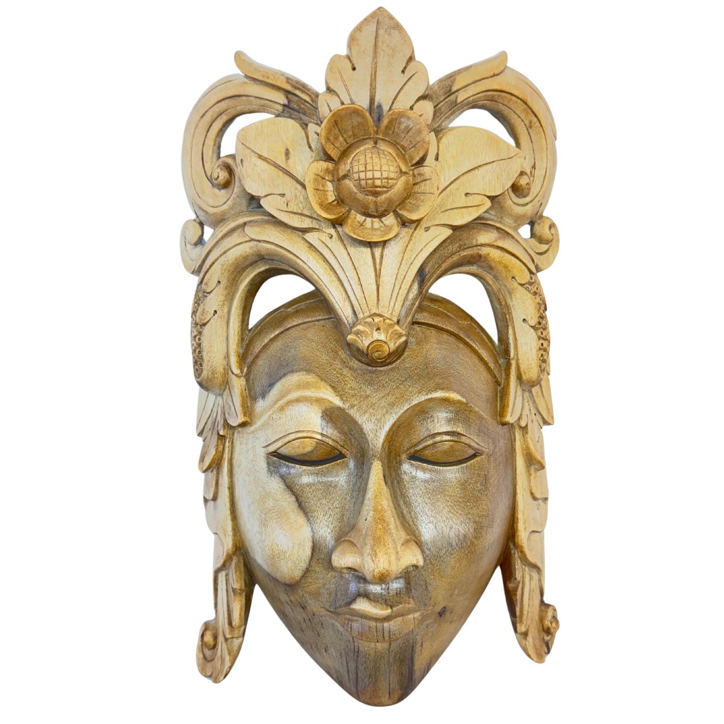 Balinese Mask Dewi Sri Fertility Goddess Hand Carved Wood Carving Bali folk art wall decor - Acadia World Traders