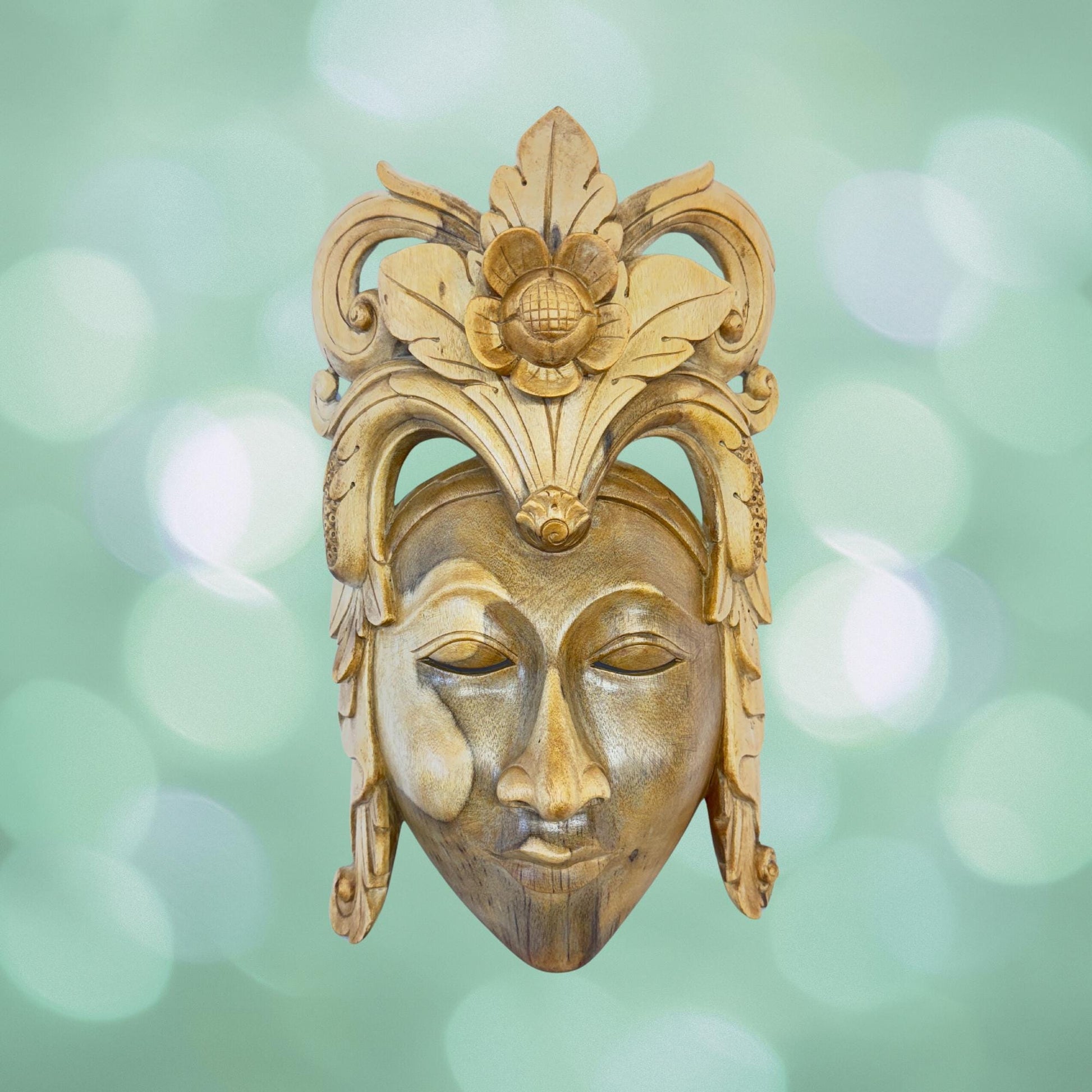 Balinese Mask Dewi Sri Fertility Goddess Hand Carved Wood Carving Bali folk art wall decor - Acadia World Traders