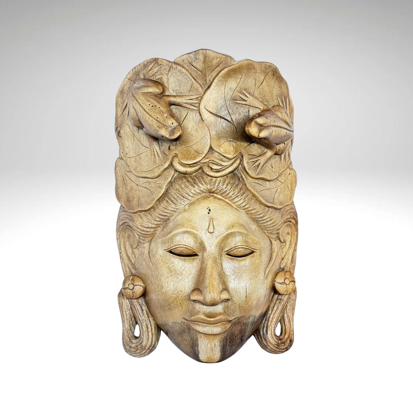 Balinese Mask Dewi Sri With Frogs Fertility Good Luck Abundance Goddess Hand Carved Wood Carving Bali folk art wall decor - Acadia World Traders