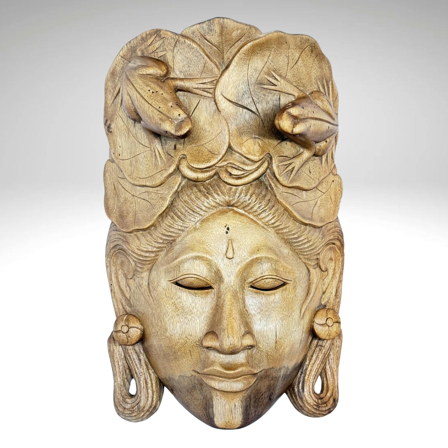 Balinese Mask Dewi Sri With Frogs Fertility Good Luck Abundance Goddess Hand Carved Wood Carving Bali folk art wall decor - Acadia World Traders