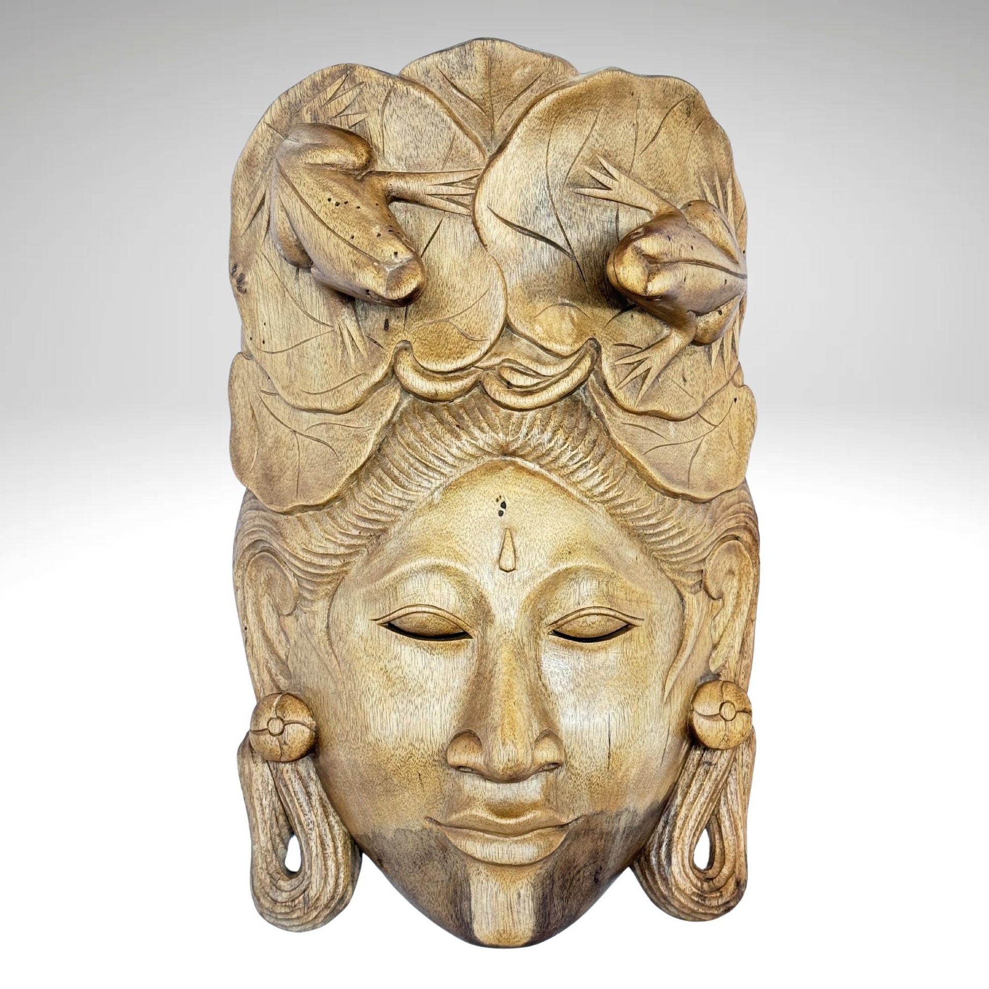 Balinese Mask Dewi Sri With Frogs Fertility Good Luck Abundance Goddess Hand Carved Wood Carving Bali folk art wall decor - Acadia World Traders