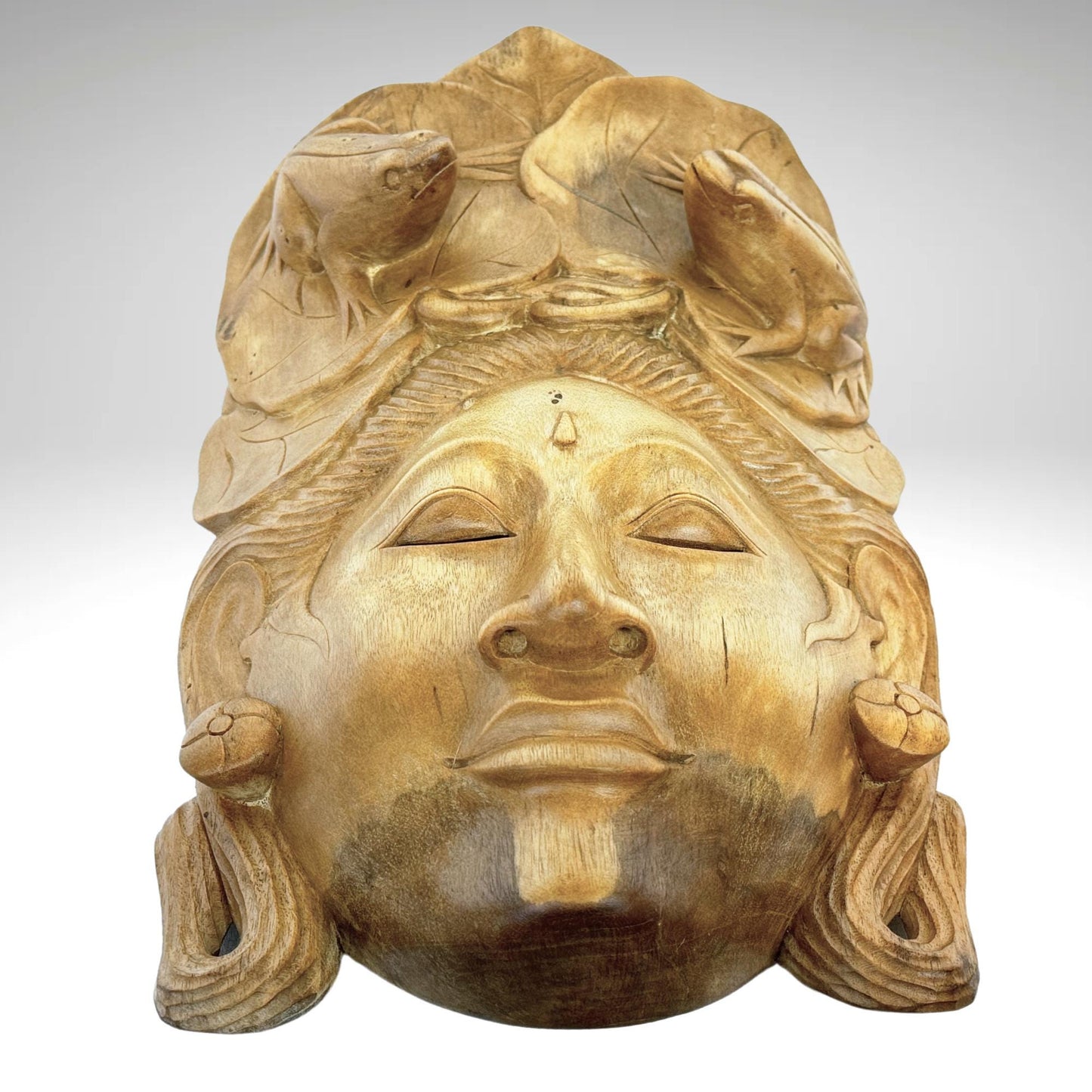 Balinese Mask Dewi Sri With Frogs Fertility Good Luck Abundance Goddess Hand Carved Wood Carving Bali folk art wall decor - Acadia World Traders