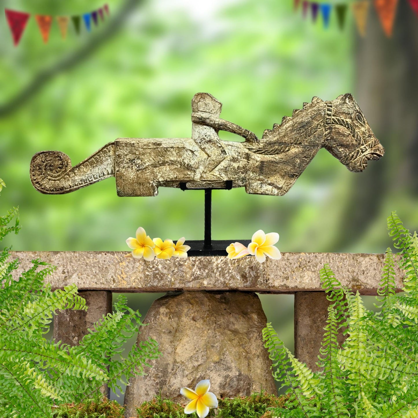 Vintage Teak Wood Carving: Indonesian Tribal Figure on Horse