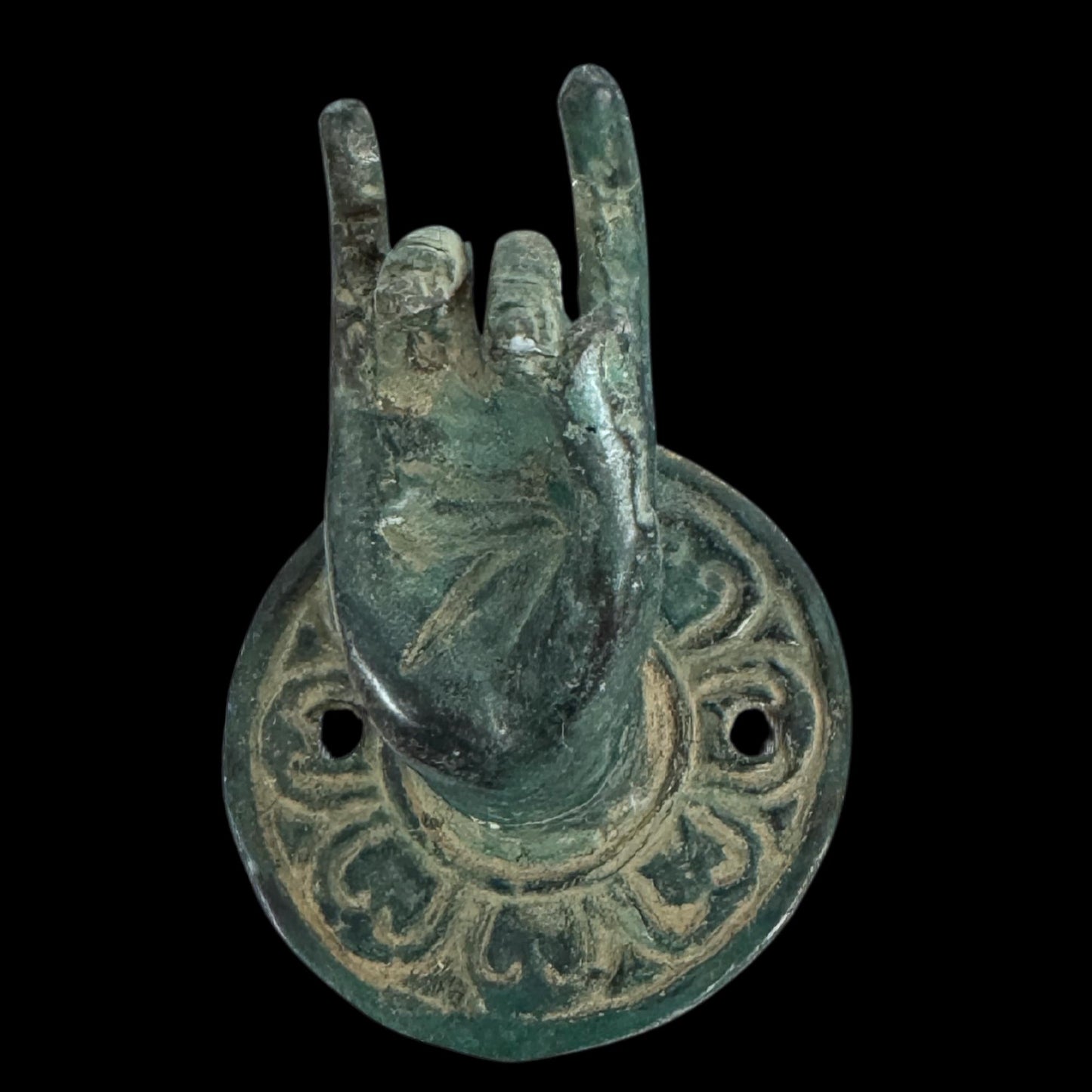 Vintage Bronze Buddha Mudra  Hand Handle: Bali Art Drawer Pull, knob, Wall Hook Set