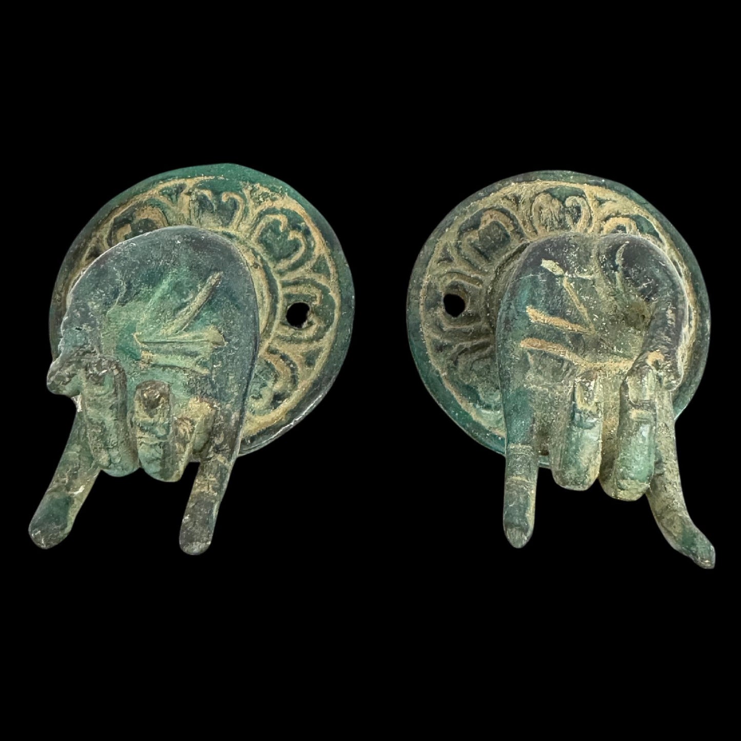 Vintage Bronze Buddha Mudra  Hand Handle: Bali Art Drawer Pull, knob, Wall Hook Set