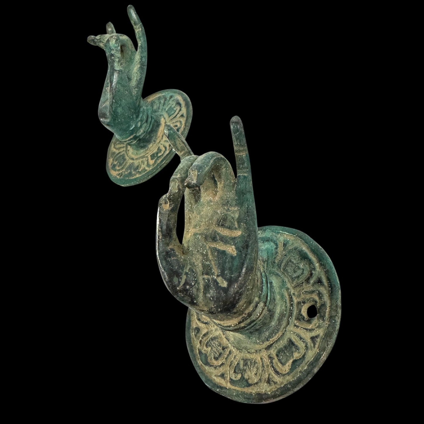 Vintage Bronze Buddha Mudra  Hand Handle: Bali Art Drawer Pull, knob, Wall Hook Set
