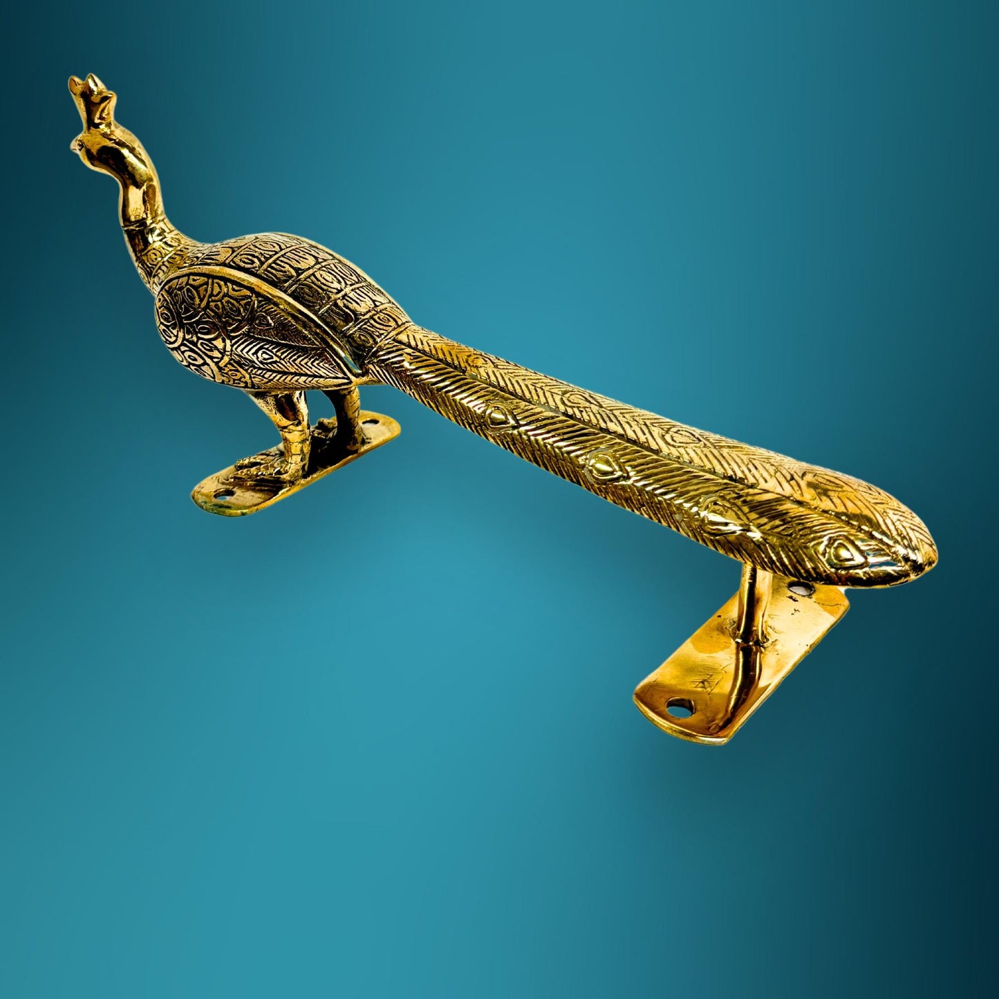 Balinese Peacock Door Handle: Polished Gold Bronze Architectural Art