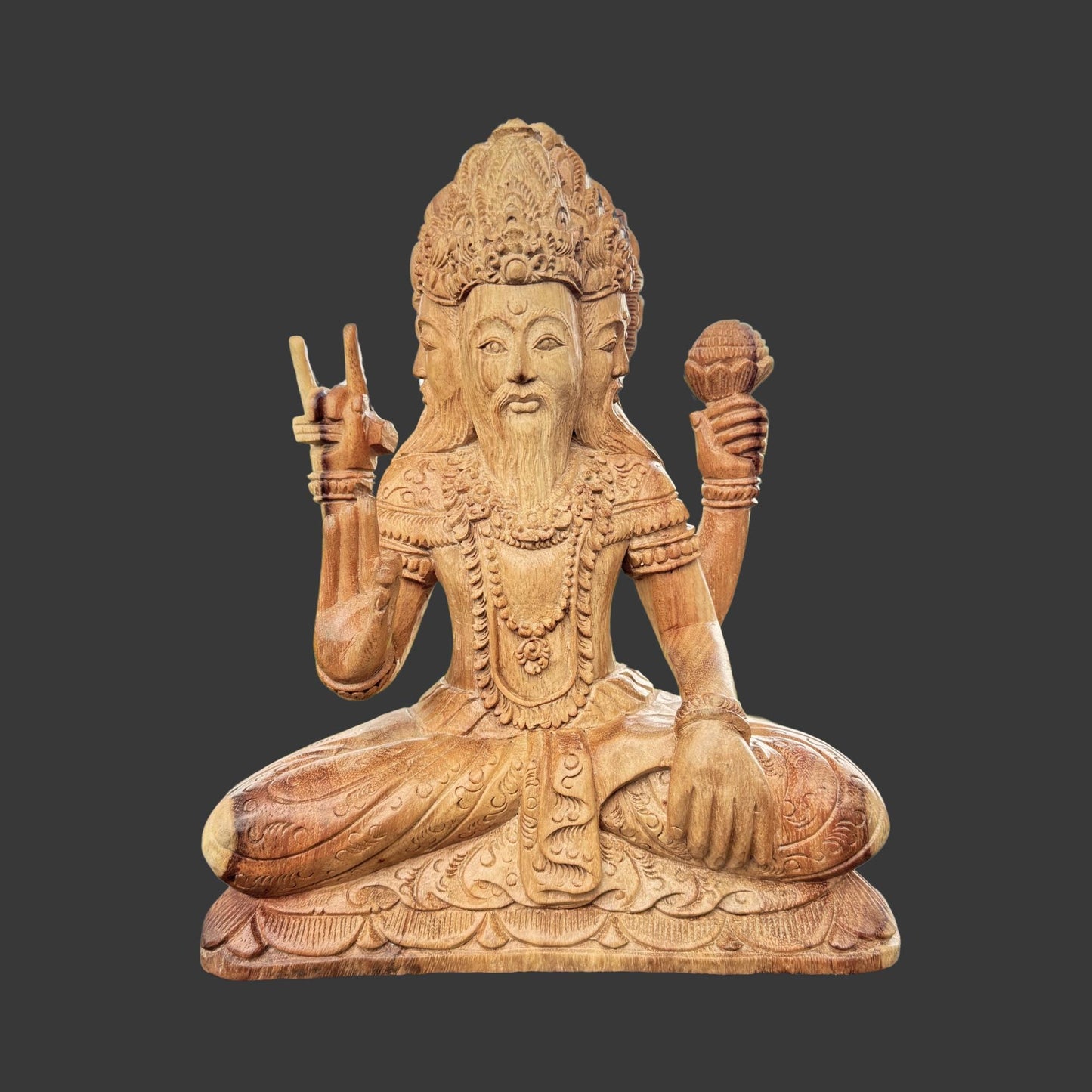 Hand Carved Trimurti Sculpture: Balinese Shiva Brahma Vishnu Wood Statue