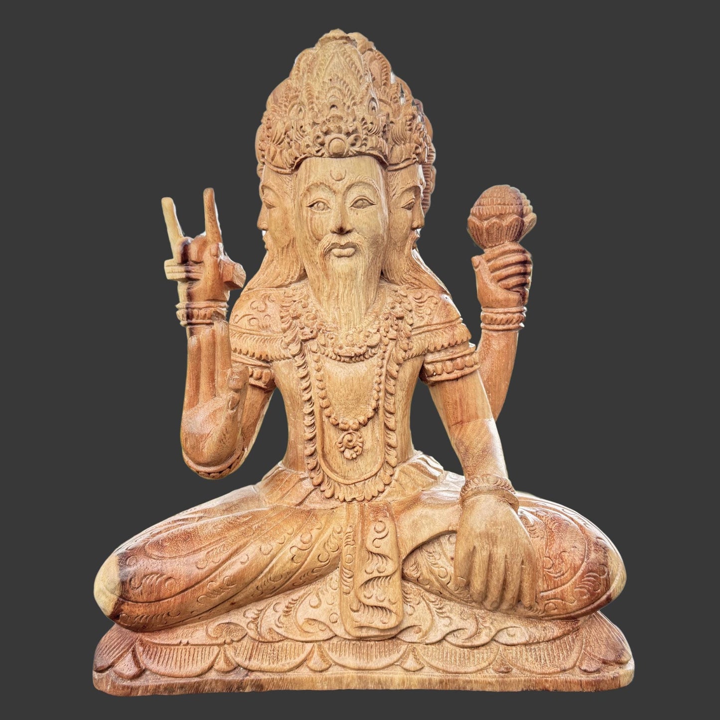 Hand Carved Trimurti Sculpture: Balinese Shiva Brahma Vishnu Wood Statue