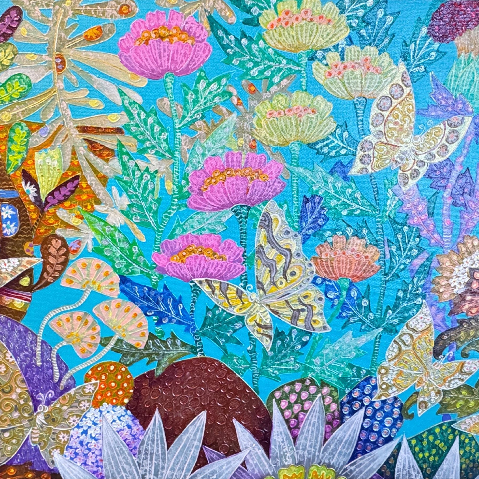 Passion Flower Butterfly Garden Fine art Painting Acrylic Canvas signed Agung Bali Wall Art Bohemian Decor Turquoise Purple Psychedelic Art - Acadia World Traders