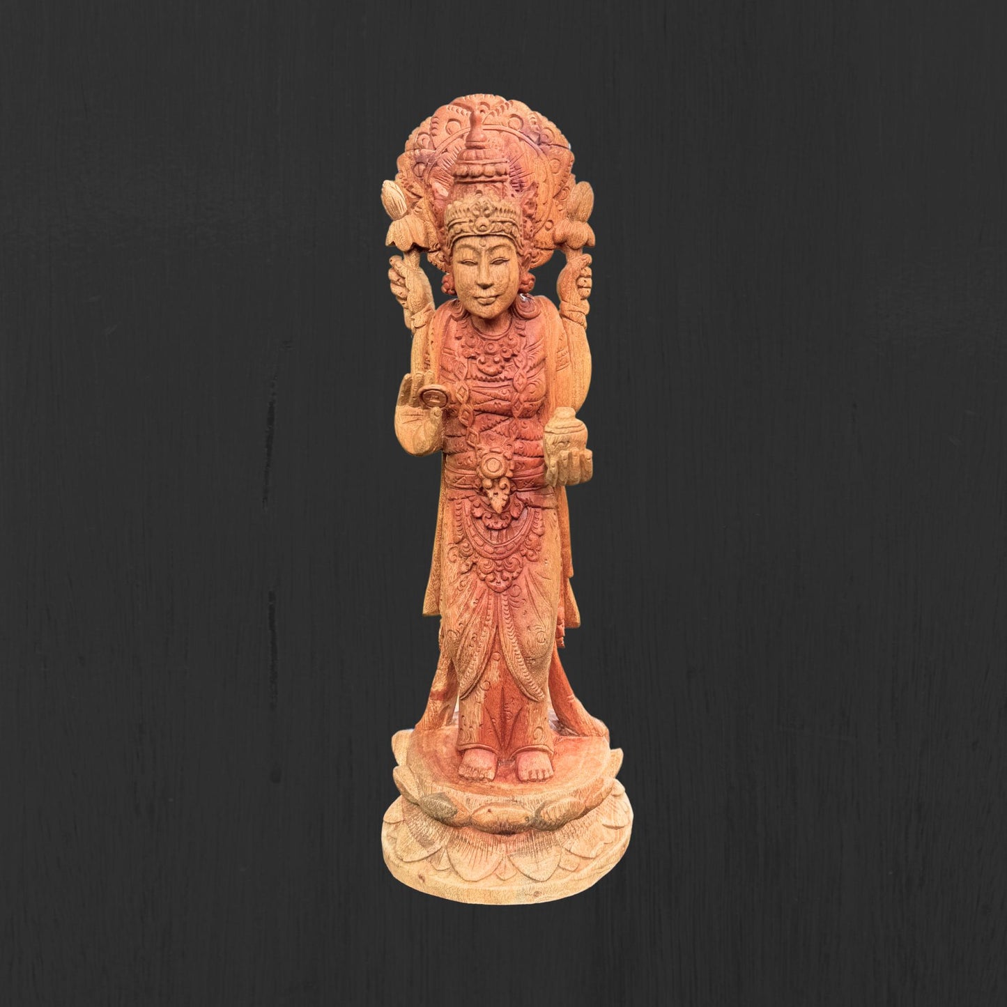 Hand Carved Balinese Lakshmi Statue: Suar Wood Hindu Goddess Sculpture