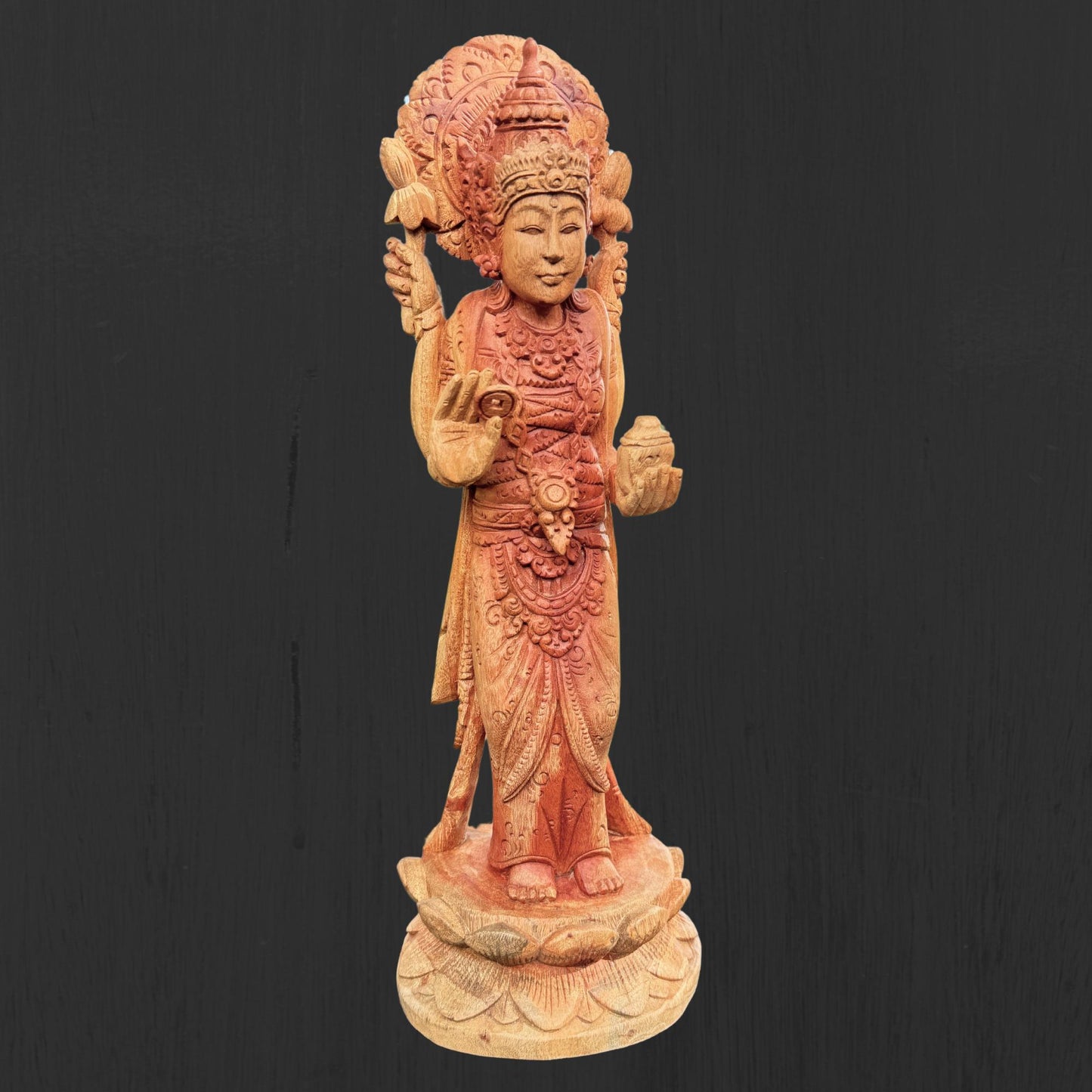 Hand Carved Balinese Lakshmi Statue: Suar Wood Hindu Goddess Sculpture