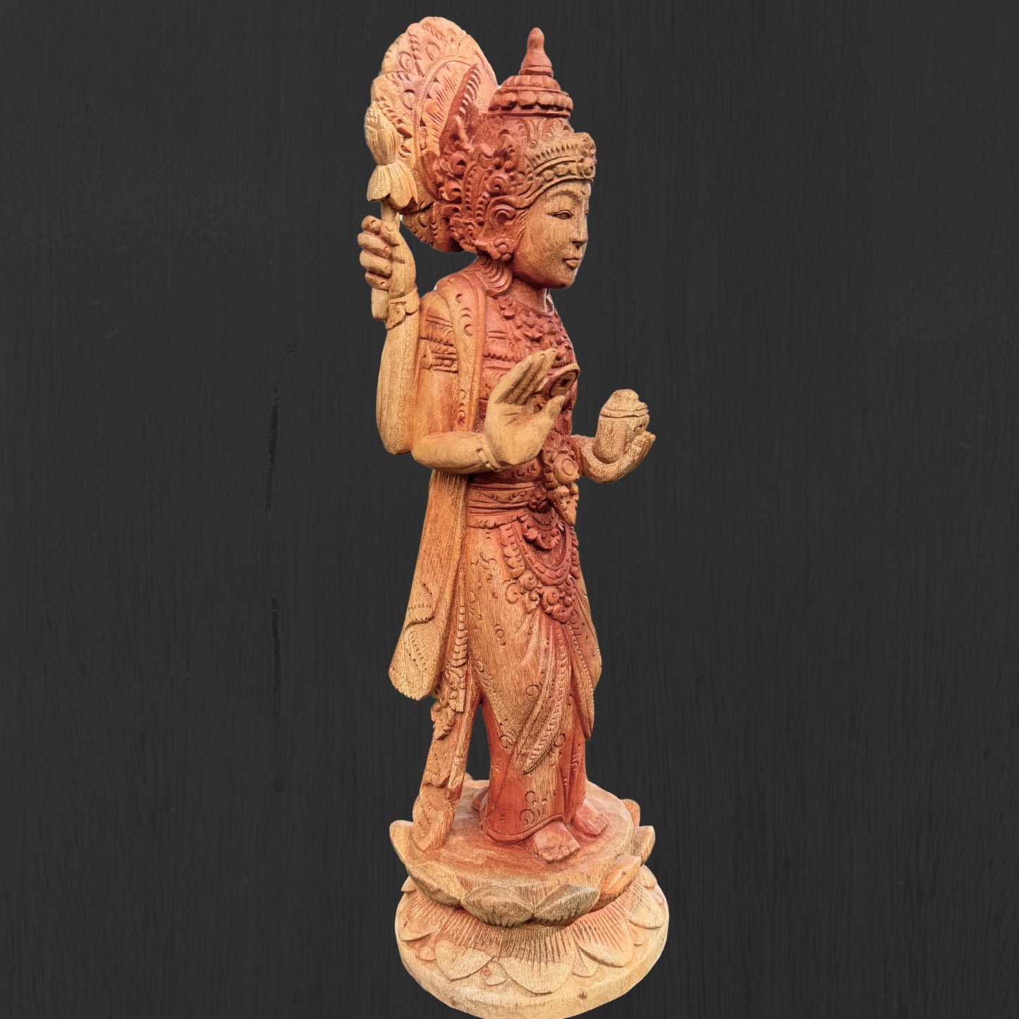 Hand Carved Balinese Lakshmi Statue: Suar Wood Hindu Goddess Sculpture