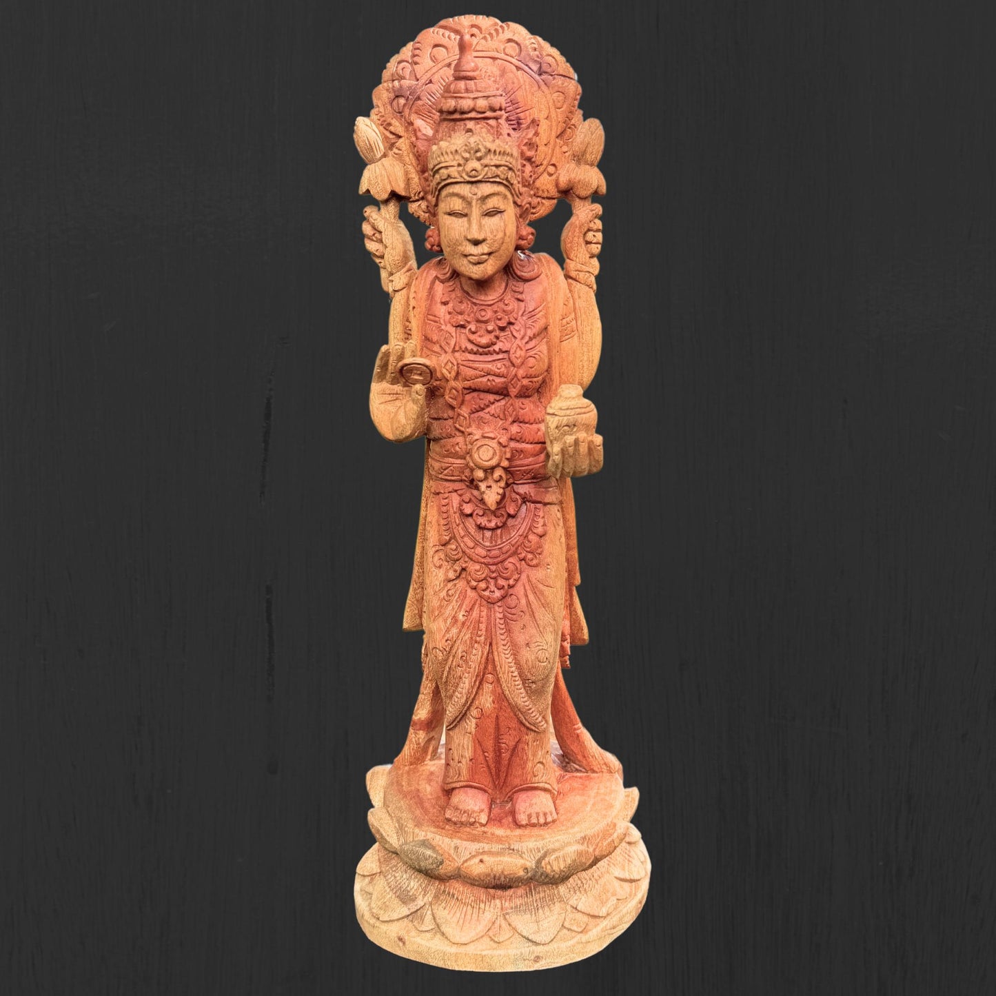 Hand Carved Balinese Lakshmi Statue: Suar Wood Hindu Goddess Sculpture