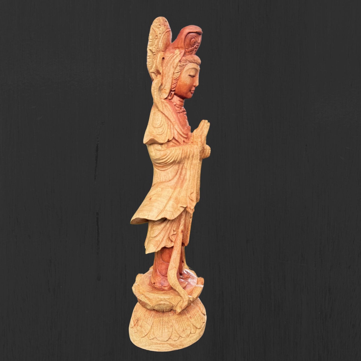 Hand Carved Guanyin Goddess of Mercy Statue: Suar Wood Bodhisattva of Compassion Sculpture