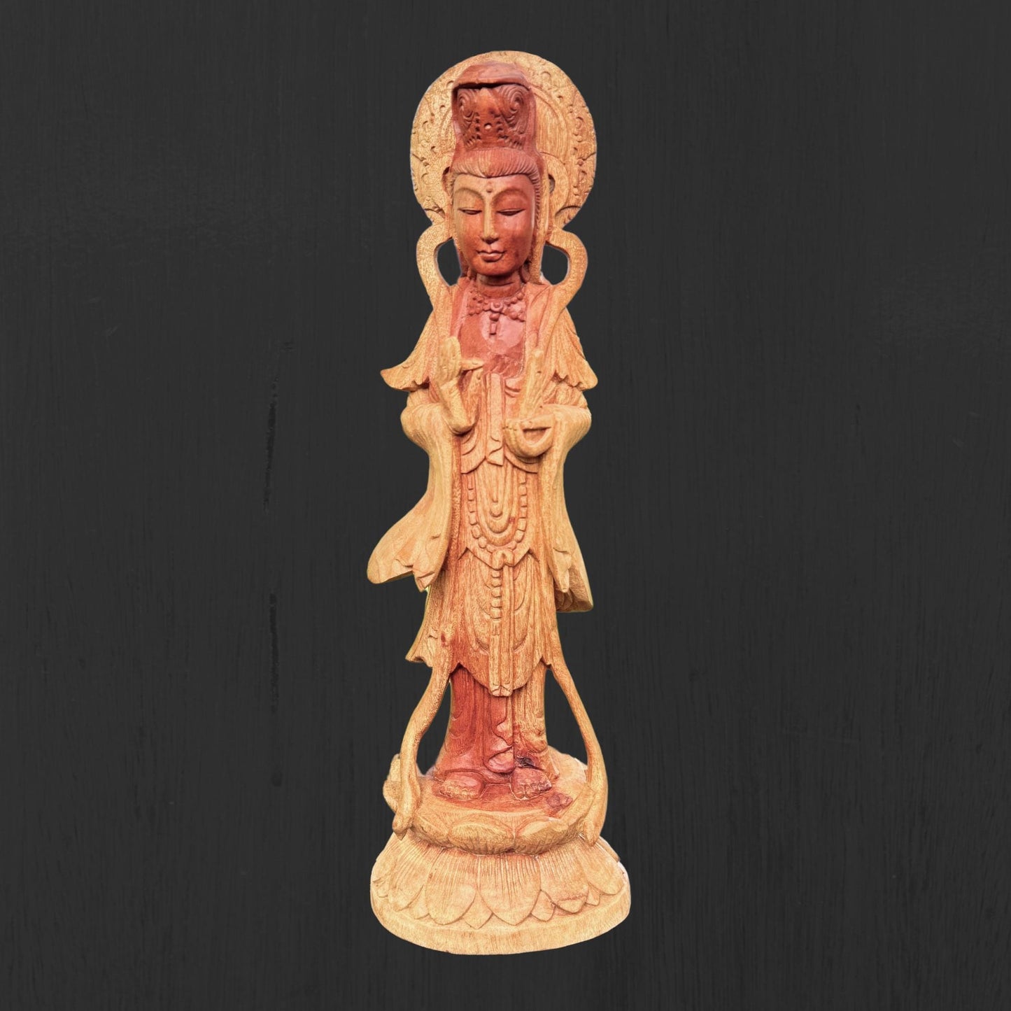 Hand Carved Guanyin Goddess of Mercy Statue: Suar Wood Bodhisattva of Compassion Sculpture