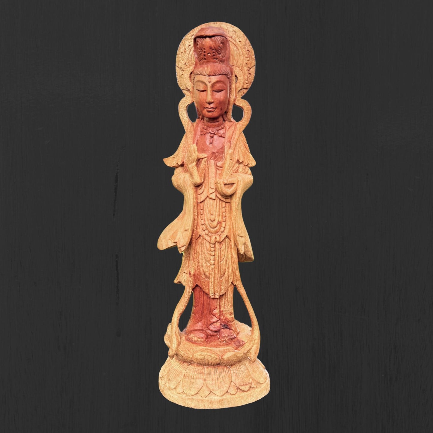 Hand Carved Guanyin Goddess of Mercy Statue: Suar Wood Bodhisattva of Compassion Sculpture