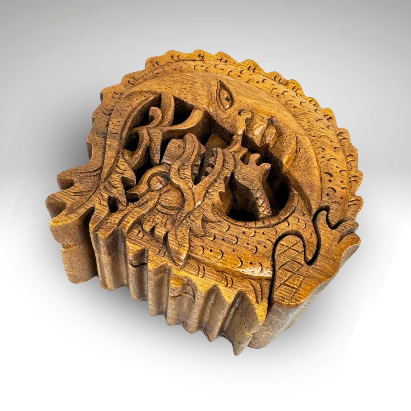 Hand Carved Wood Dragon Moon Puzzle Box: Balinese Naga Art Trinket Stash Box