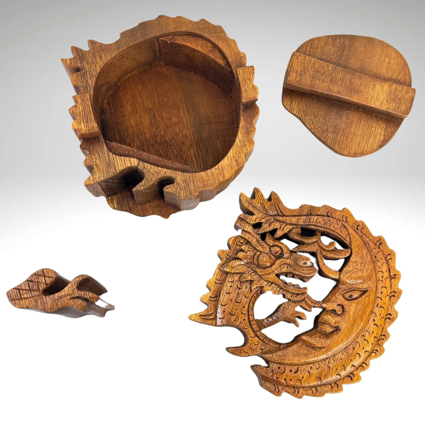 Hand Carved Wood Dragon Moon Puzzle Box: Balinese Naga Art Trinket Stash Box