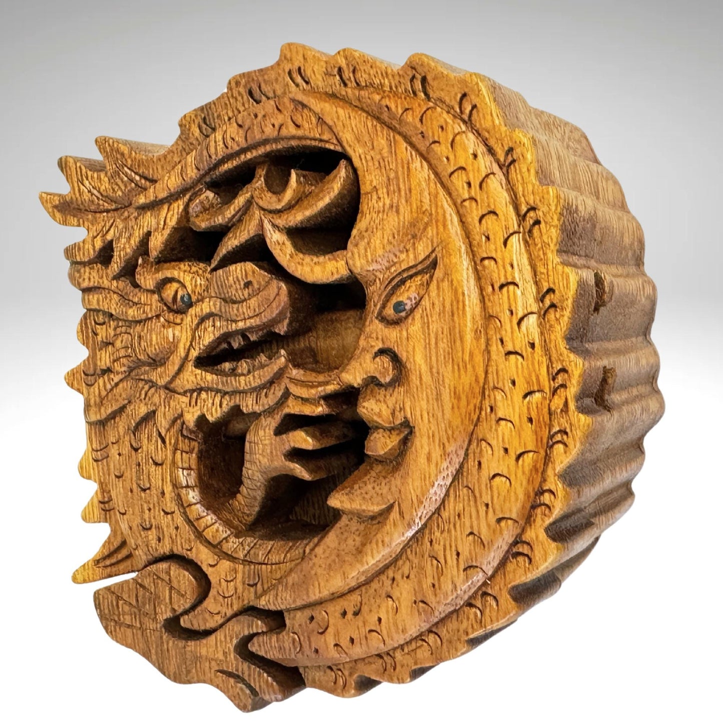 Hand Carved Wood Dragon Moon Puzzle Box: Balinese Naga Art Trinket Stash Box
