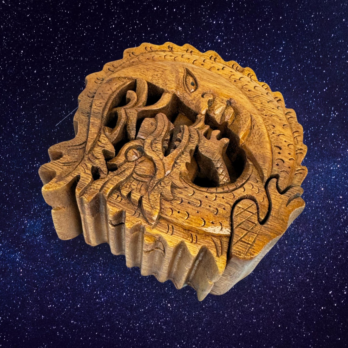 Hand Carved Wood Dragon Moon Puzzle Box: Balinese Naga Art Trinket Stash Box