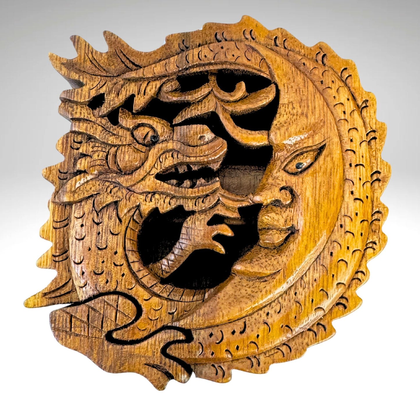 Hand Carved Wood Dragon Moon Puzzle Box: Balinese Naga Art Trinket Stash Box
