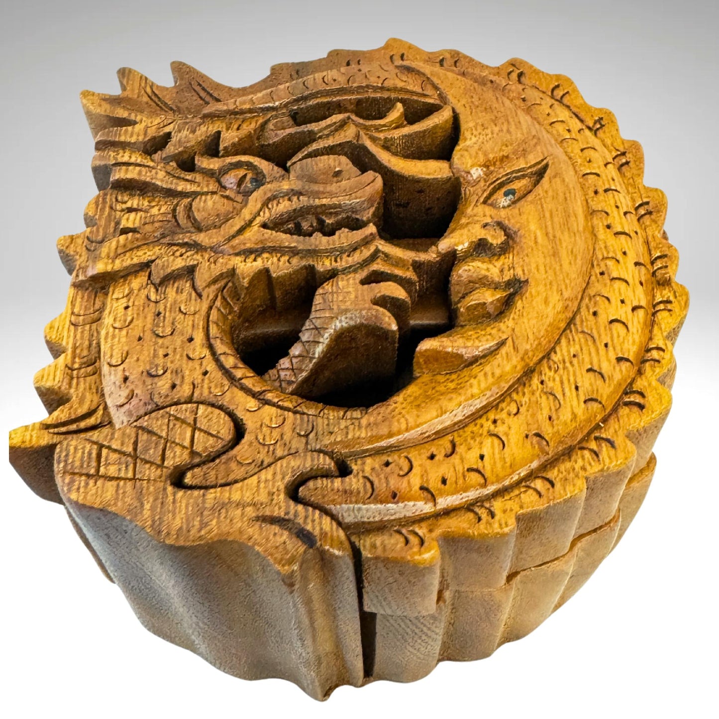Hand Carved Wood Dragon Moon Puzzle Box: Balinese Naga Art Trinket Stash Box