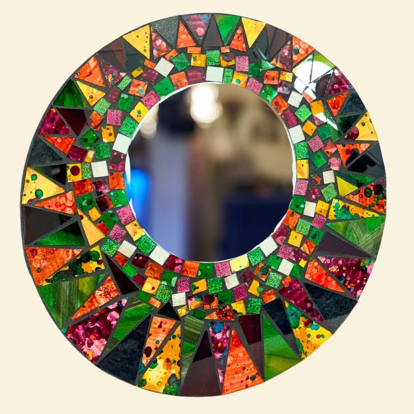 Sunburst Sun Mirror Mosaic Wall Art Plaque Panel Hand Painted Glass Bali Handicraft Boho Celestial Decor - Acadia World Traders