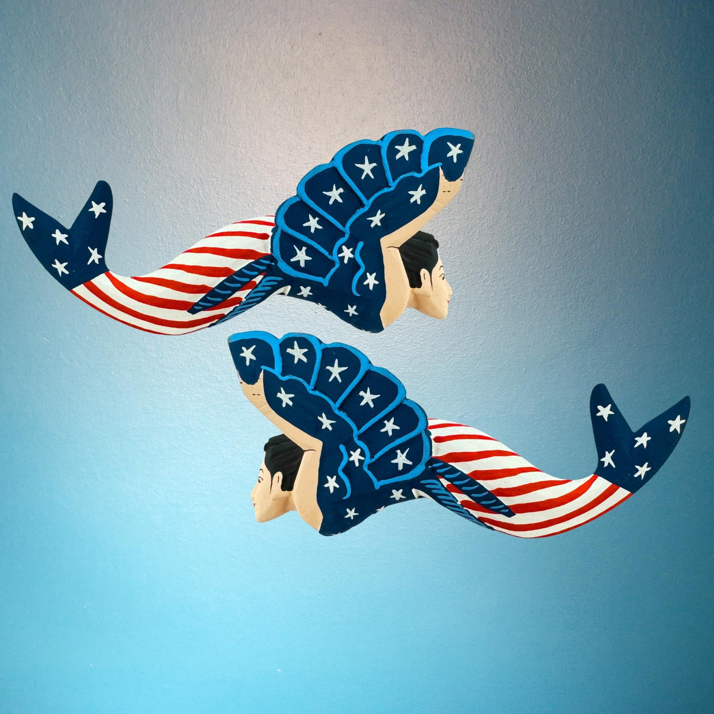 Stars Stripes Mermaid Goddess Patriotic Sisters Ornament Carved Wood Set 2 Balinese Art