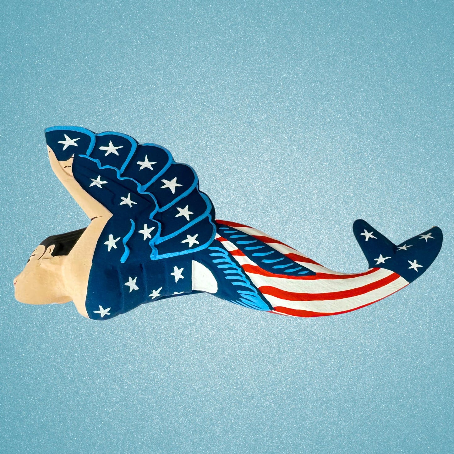 Stars Stripes Mermaid Goddess Patriotic Sisters Ornament Carved Wood Set 2 Balinese Art
