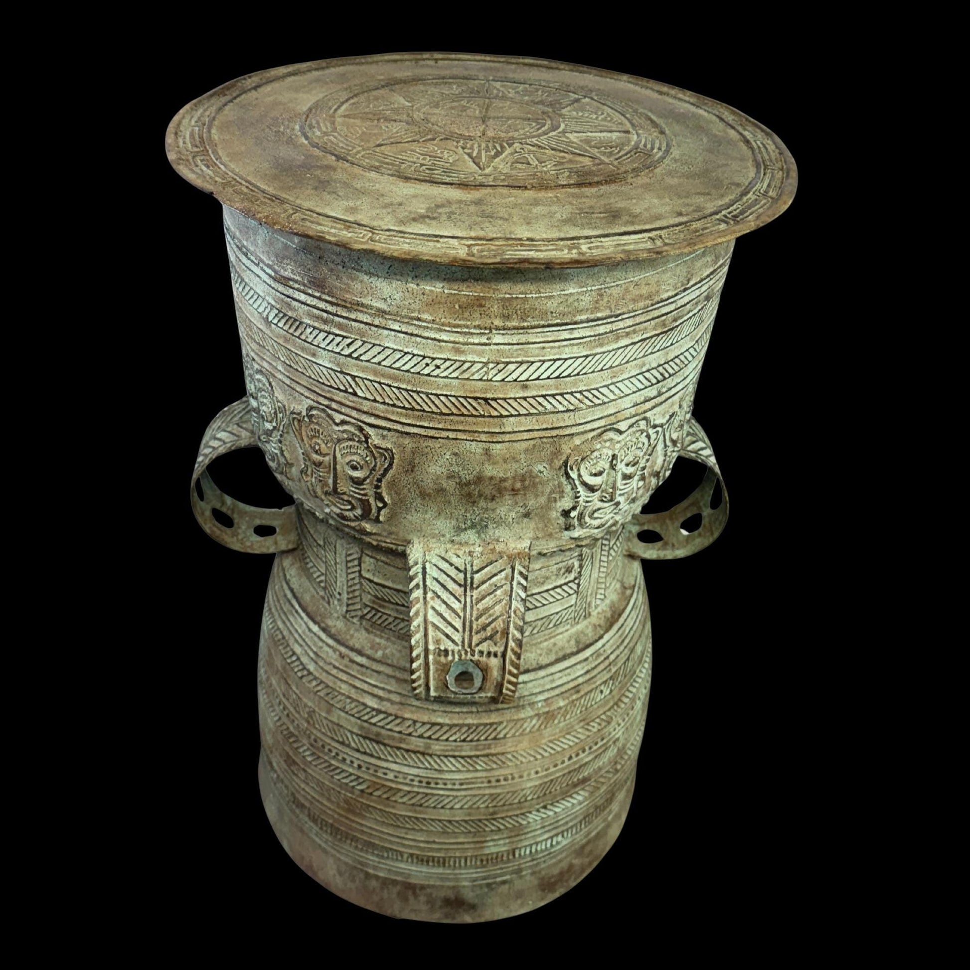 Vintage Rain Drum genuine Bronze Moko Garden side table plant stand Balinese Indonesian art Green Verdigris Patina - Acadia World Traders