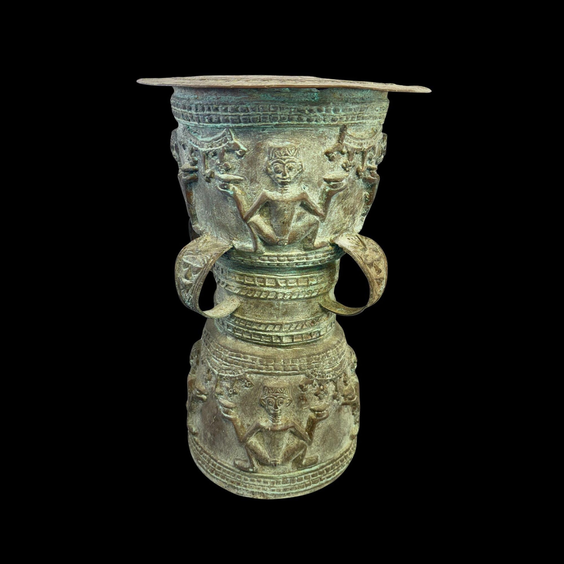 Vintage Rain Drum genuine Bronze Moko Garden side table plant stand Balinese Indonesian art Green Verdigris Patina - Acadia World Traders