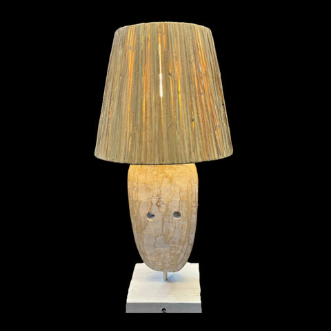 Carved Mask Table Lamp Accent Lamp Hand Carved Wood Natural Fiber Lamp Shade Tribal Boho Decor Handmade Bali Art