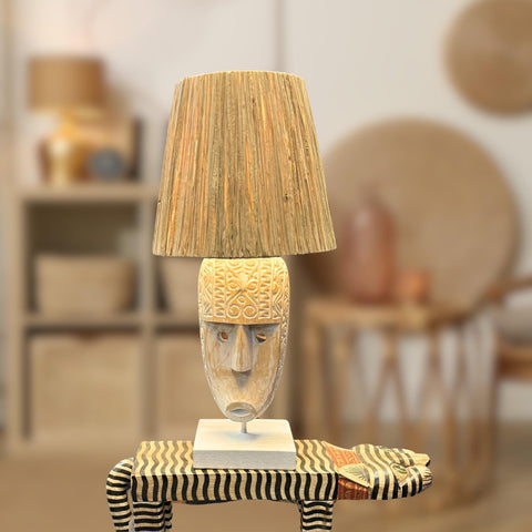 Carved Mask Table Lamp Accent Lamp Hand Carved Wood Natural Fiber Lamp Shade Tribal Boho Decor Handmade Bali Art