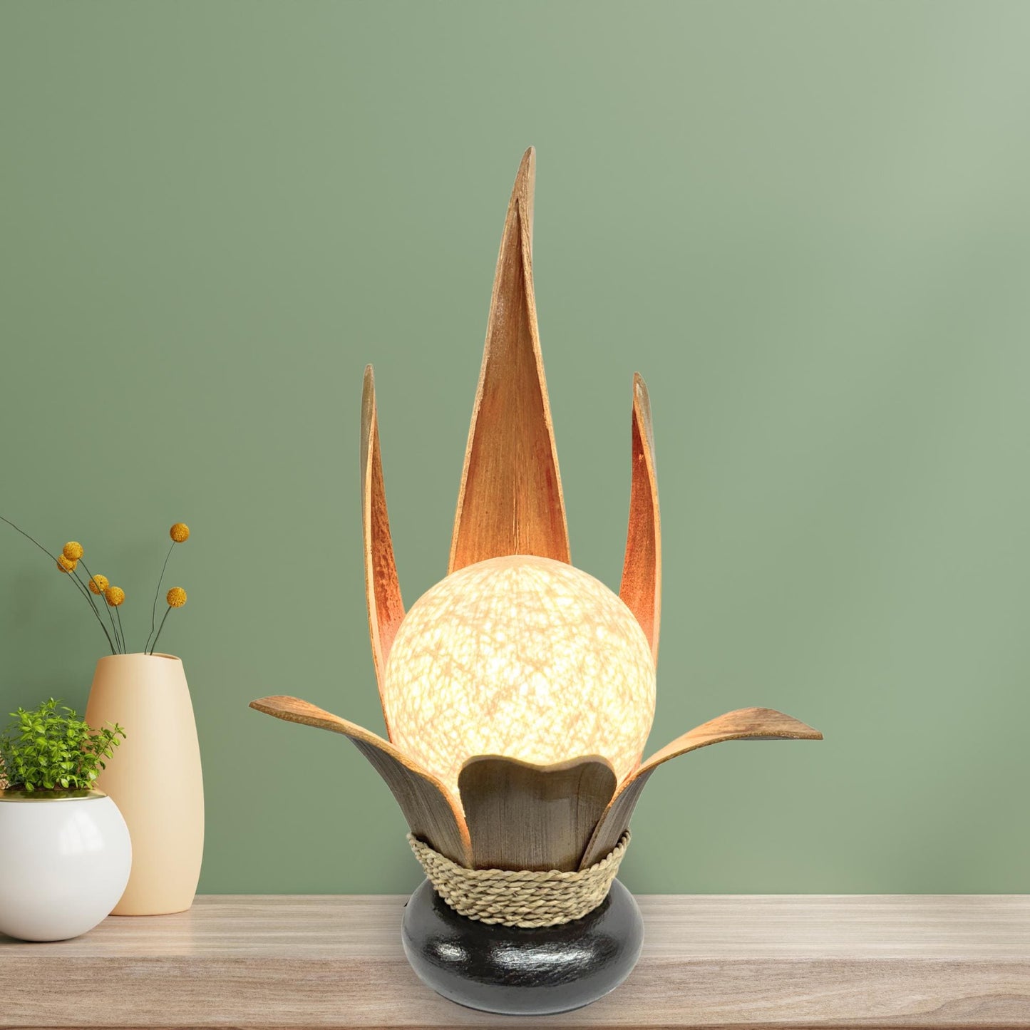 Handmade Palm Frond Lotus Lamp: Boho Accent Lighting