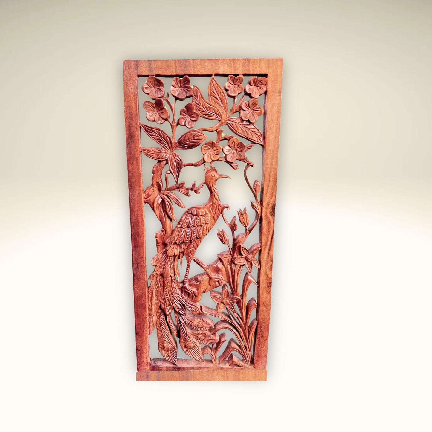 Balinese Peacock Panel Wall Art Plaque Hand Carved Wood Asian Decor