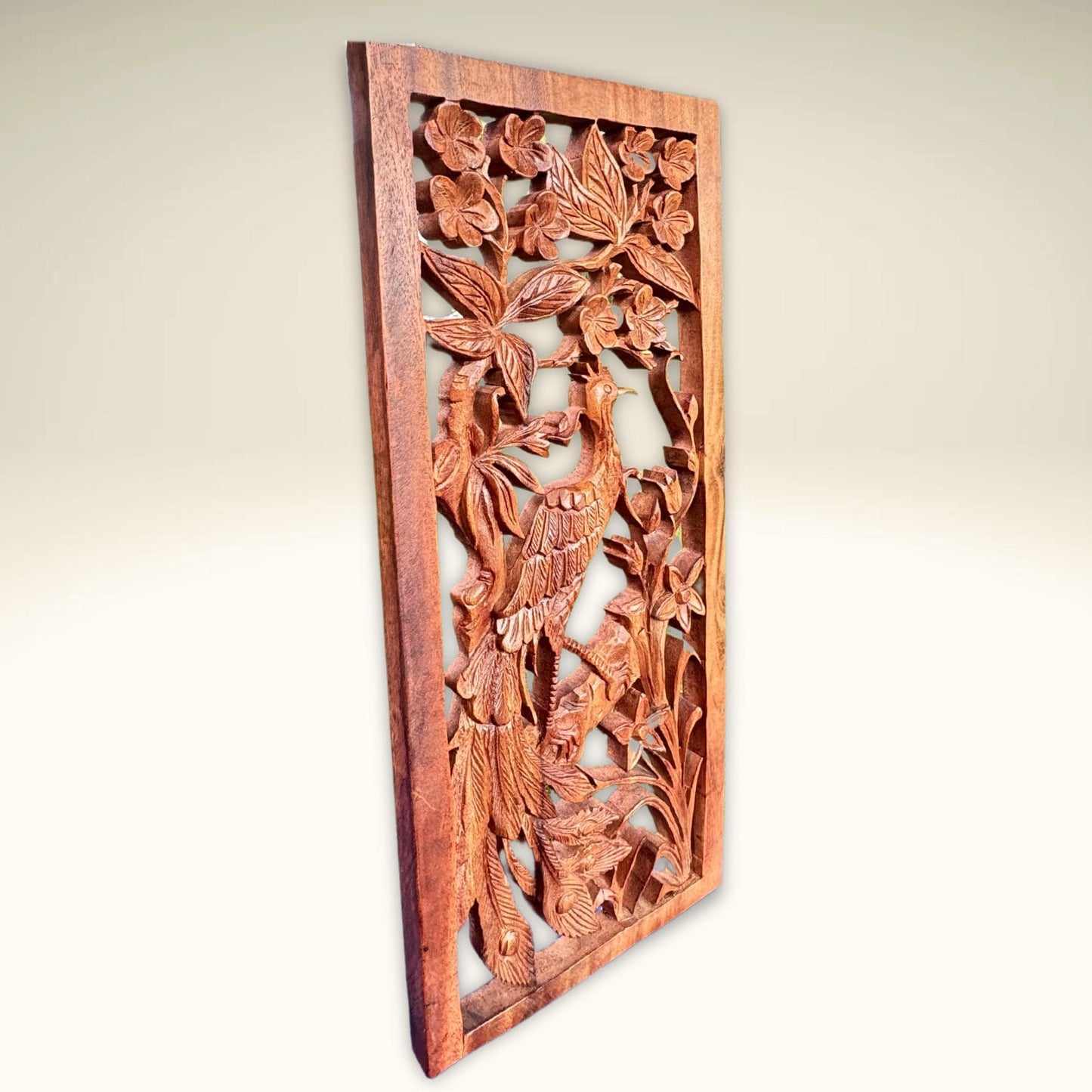 Balinese Peacock Panel Wall Art Plaque Hand Carved Wood Asian Decor