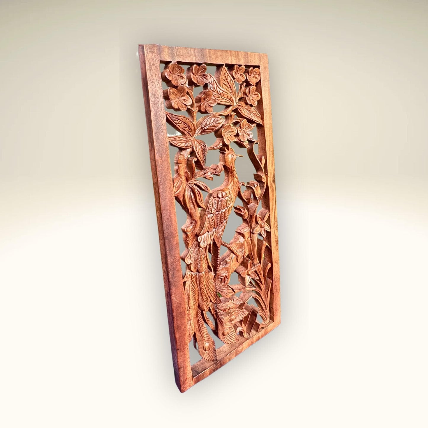 Balinese Peacock Panel Wall Art Plaque Hand Carved Wood Asian Decor