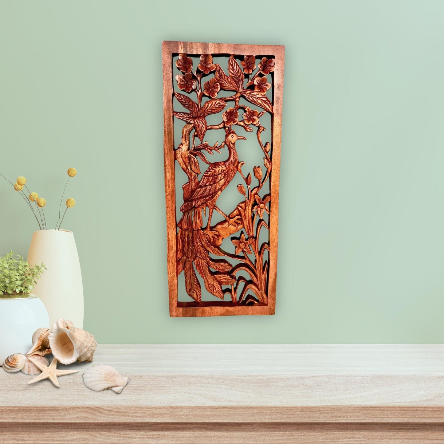 Balinese Peacock Panel Wall Art Plaque Hand Carved Wood Asian Decor