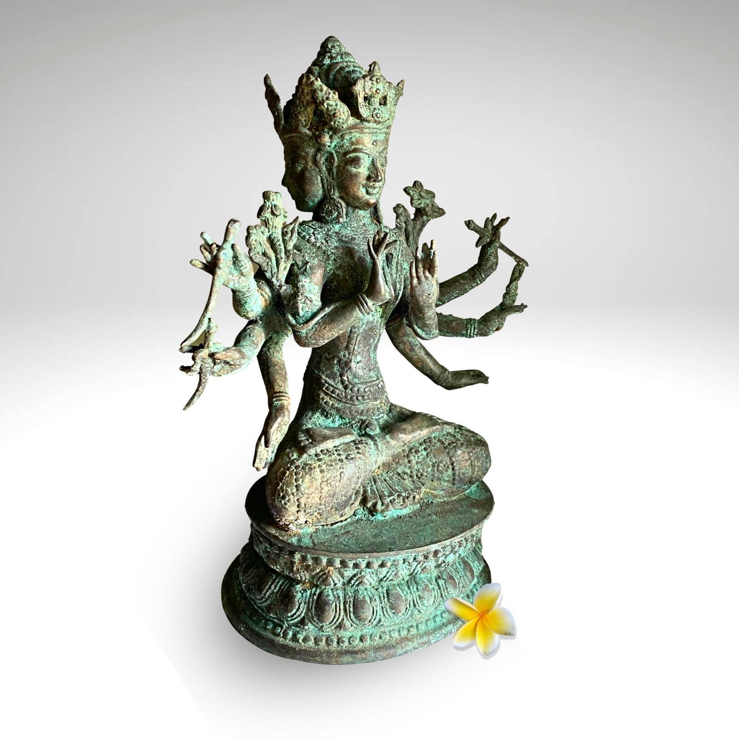 Trimurti Bronze Statue: Balinese Hindu Trinity Sculpture, Lost Wax Cast Metal with Verdigris Patina