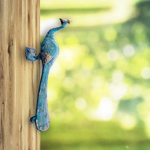 Balinese Peacock Door Handle Knob Pull Solid Bronze Verdigris Patina Hardware Eclectic Decor Bali Architectural art